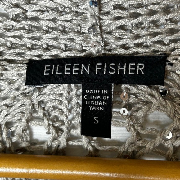 Eileen Fisher Cardigan‎ Womens S Open Knit Sequin Embellished Taupe Sweater - Picture 4 of 7